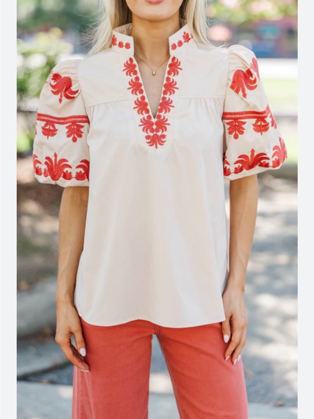 entro Cream Peasant Blouse with Red Embroidery